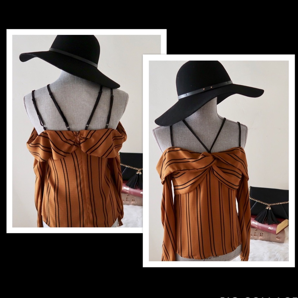 NANCY-Mustard with Black Stripes Off- Shoulder Top - Picture 2 of 5